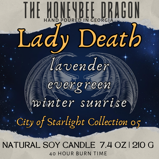 Lady Death Bookish Candle | Lavender, Eucalyptus, & Pine | 7.5 oz Soy