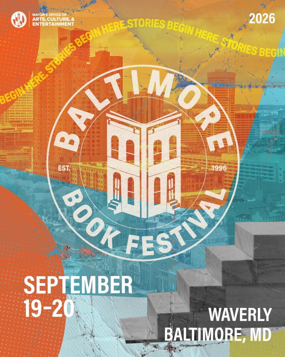Promotional poster for the Baltimore Book Festival 2026, featuring a large white circular logo with an open book illustration in the center, overlaid on a multicolored cityscape background with orange, teal, and yellow tones. Text reads 'Baltimore Book Festival,' 'September 19-20,' 'Waverly Baltimore, MD,' and '2026.